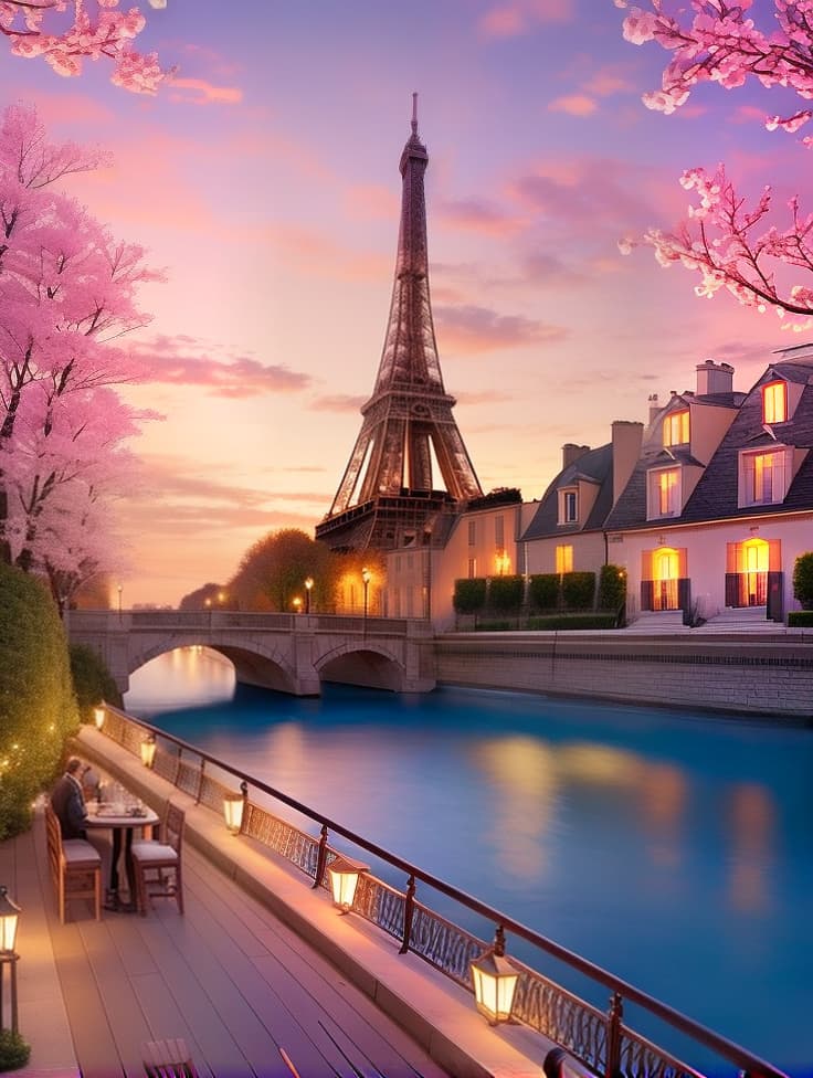  the elegance of france, with rivers, a romantic ambiance, love, but with a more classic touch and brown tones, with lights and several benches.