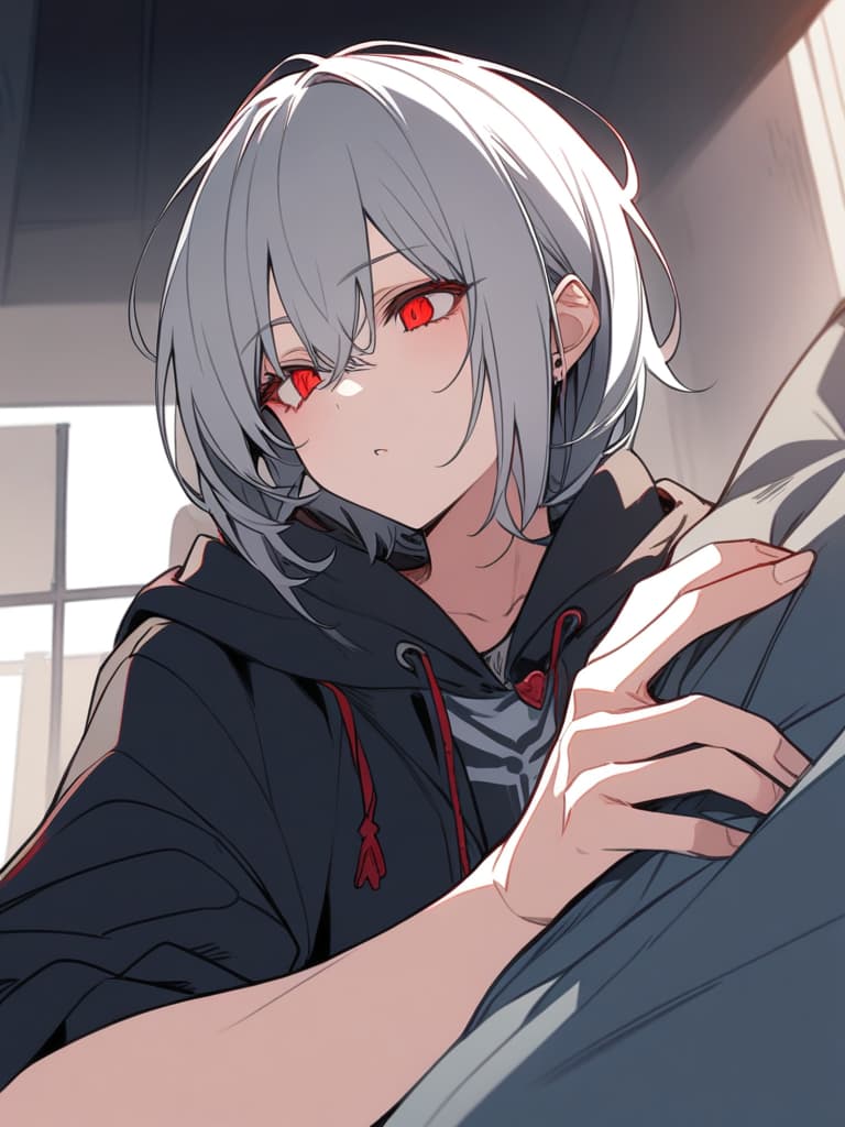  (lineart: 1.4), angel's ring, gray hair, man, short hair, red eyes, throat buddha, black parka, best quality, ultra detailed