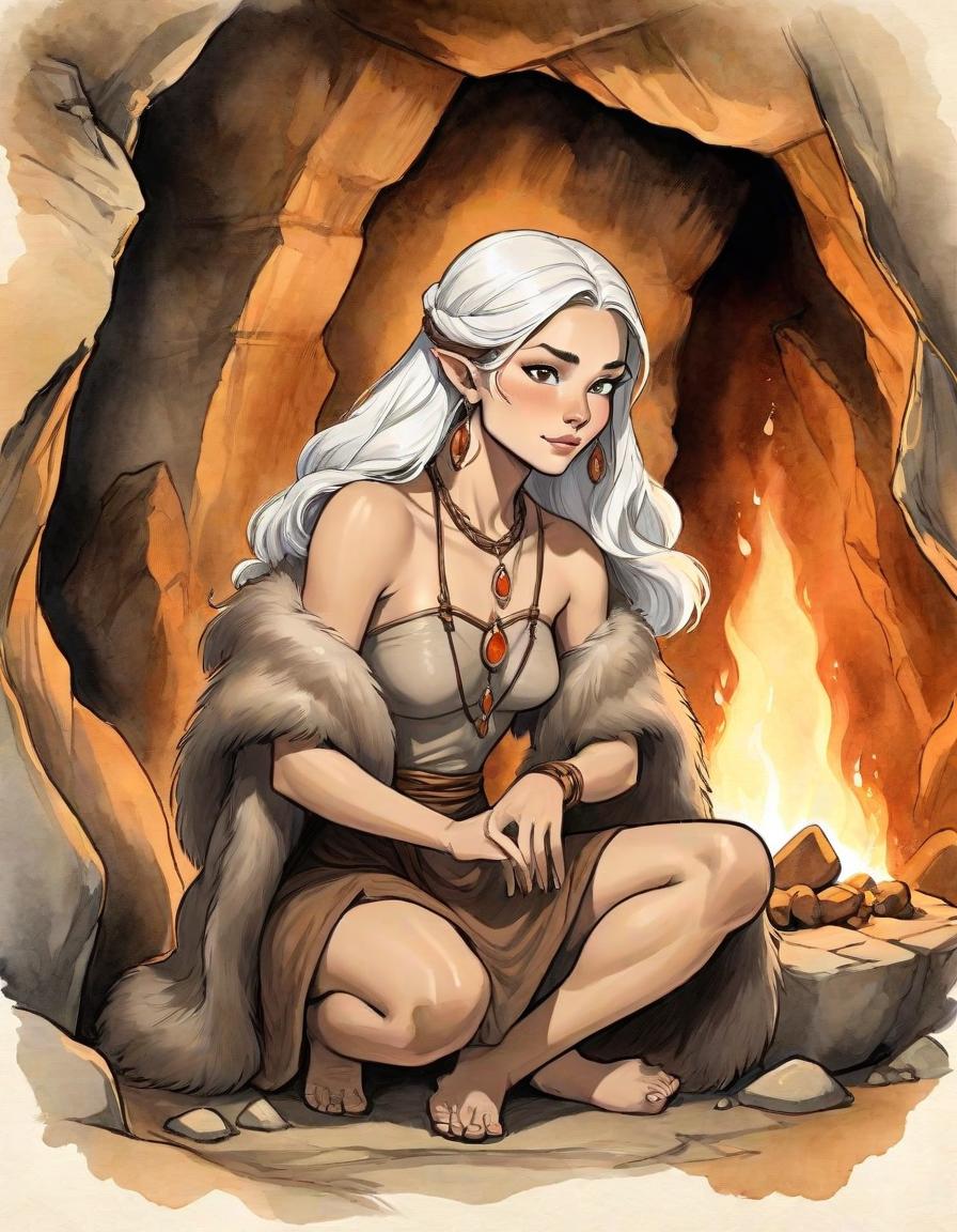  digital illustration, ink and watercolor on parchment, with fine shading of the edges, depicting an expressive stone age woman in cave, whose image seamlessly blends with the textures of the stone cave, soft diffused lighting in warm tones envelops her, enhancing the mystical aura around her slender form. clad in a fur, sits in front of the fire