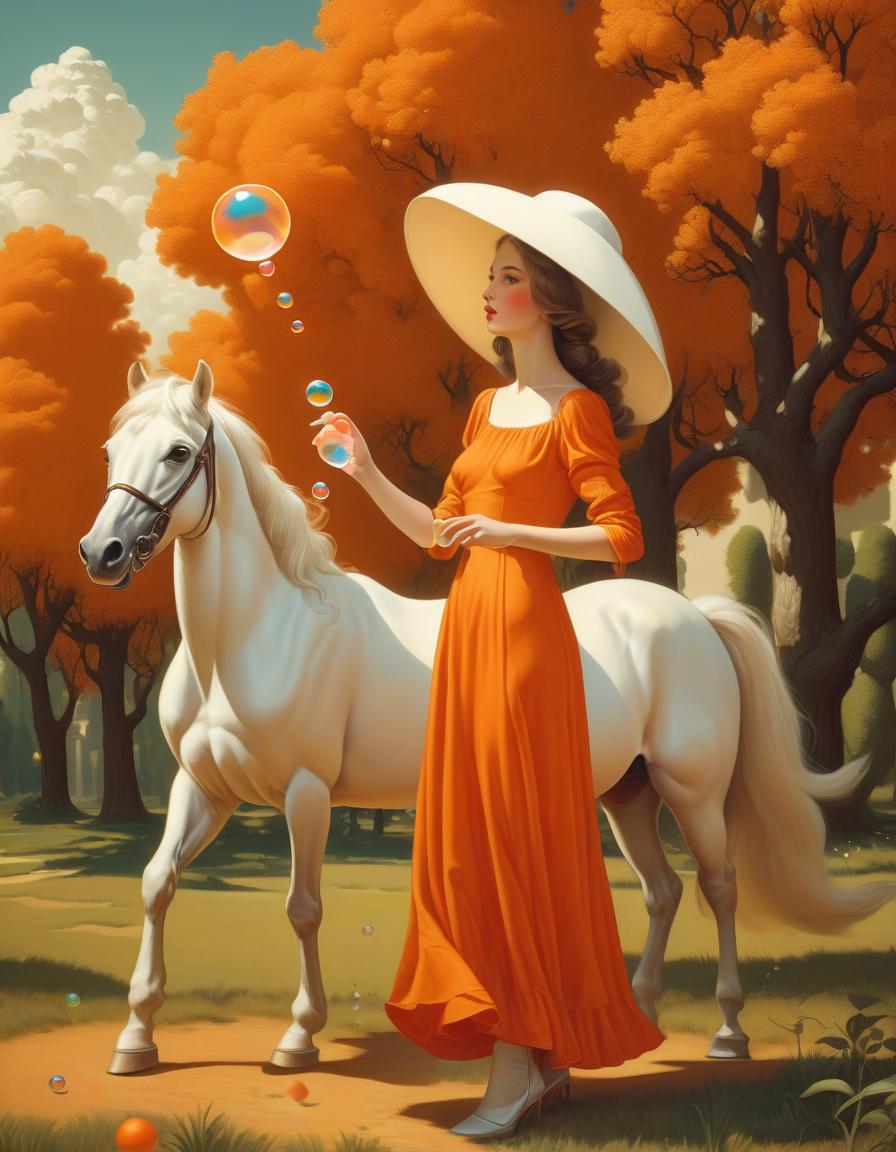  retro game art a woman in an orange dress and a white hat blows bubbles with a stick, a small arabian white horse stands next to her. a bird sits on her head. in the background are trees and the sky. in the style of andrey remnev . 16 bit, vibrant colors, pixelated, nostalgic, charming, fun