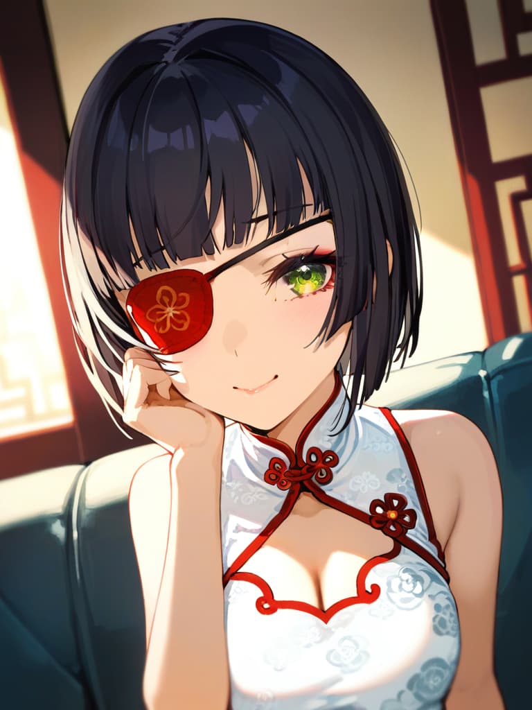  ultra detailed:1.2,masterpiece:1.2,best quality,masterpiece,bestquality,hdr:1.1,8k:1.1,very cute girl:1.3,(black hair,bob cut,long hair,blunt bangs:1.4),((white china dress,japonica pattern:1.5)),(chinaese makeup:1.6),((redrose object eyepatch:1.6))(seductive smile:1.3),(sitting couch:1.3)((cross legs:1.3)),(head rest:1.3),(holding open handfan:1.7)(upper body,face focus:1.4),(dutch angle:1.5),close mouth