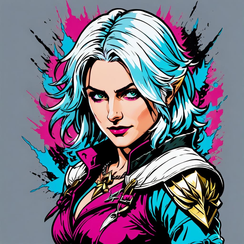  pop art style ciri zirilla from the witcher 3 . bright colors, bold outlines, popular culture themes, ironic or kitsch, t shirt design