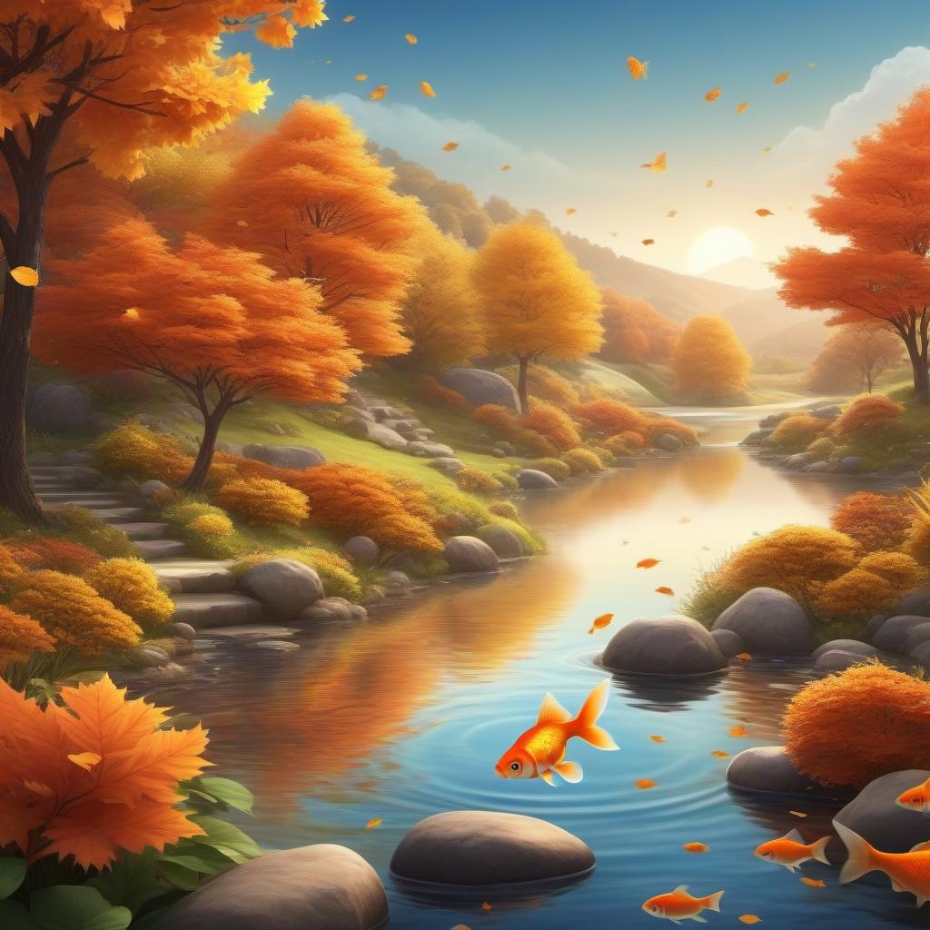  A goldfish on the background of an autumn landscape is a bright dynamic picture in the style of kortoon fantasy digital animation drawing details realistically