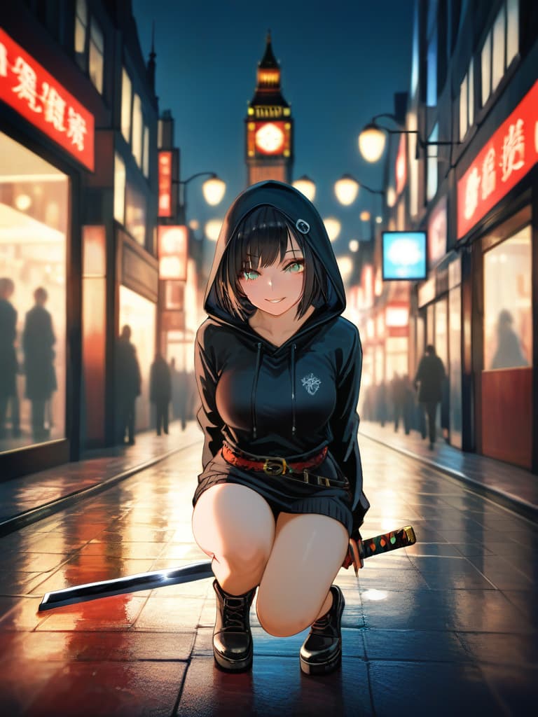  ultra detailed:1.2,masterpiece:1.2,best quality,masterpiece,bestquality,hdr:1.1,8k:1.1,very cute girl:1.3,((wearing a black hooded sweatshirt:1.8)),black shorts,black tights,and long boots,((with a japanese sword at her waist:1.8)),(((crouched atop a london bigben:1.5))),gazing into the distance,with an ominous grin on her face,set against a night sky with a huge moon and no stars,(overlooking the scattered lights of an ancient london town),(black hair,bob cut:1.4),((black ninja dress:1.5)),(seductive smile,grin:1.5),(full body,face focus:1.8) hyperrealistic, full body, detailed clothing, highly detailed, cinematic lighting, stunningly beautiful, intricate, sharp focus, f/1. 8, 85mm, (centered image composition), (professionally color graded), ((bright soft diffused light)), volumetric fog, trending on instagram, trending on tumblr, HDR 4K, 8K