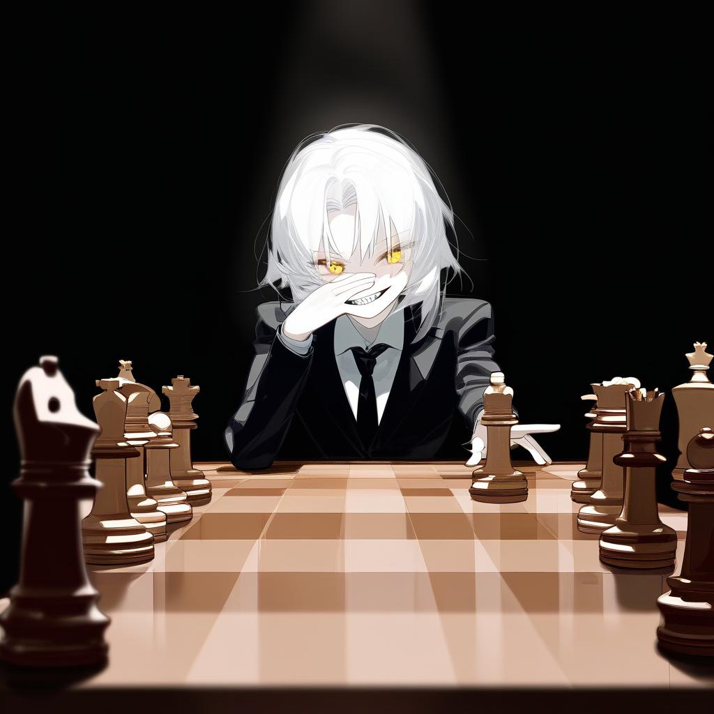  white hair anime woman with shadows completely concealing face, sitting in front of a table with a chess set on it,an evil empty white teeth smile on her face and only a hardly visible singular yellow eye, leaning on one hand with arrogance, black suit, black tie . best quality, high resolution