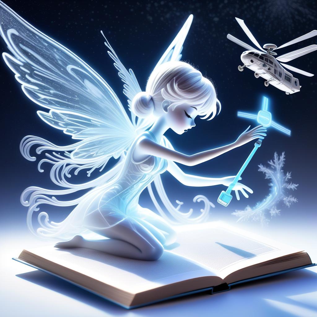  line art drawing highly detailed translucent snow fairy with wings of snow (holding a toy radio controlled helicopter:1.3), blizzard appear from the pages of a fairy tale book, translucent snow blizzard magic snow fairy reaching out of a 3d sculptured book; the souls escaping from book, motion blur action side profile shot of spirit tepping out of book, astrodimensional iridescent spirit of the light, disintegrating into starlight and holographic particulate trails of wispy snow by alberto seveso by giger liquid snow effects in wind :: wind blowing left 3d shading; pulsing with an inner light; clear and sparkling, smooth, flowing, shimmer; 16k resolution, hyperdetailed, intricate beautiful details . professional, sleek, modern, minimalist, 