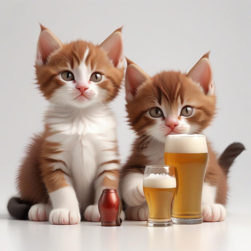  two kittens, red and brown, sit with a beer on a white background