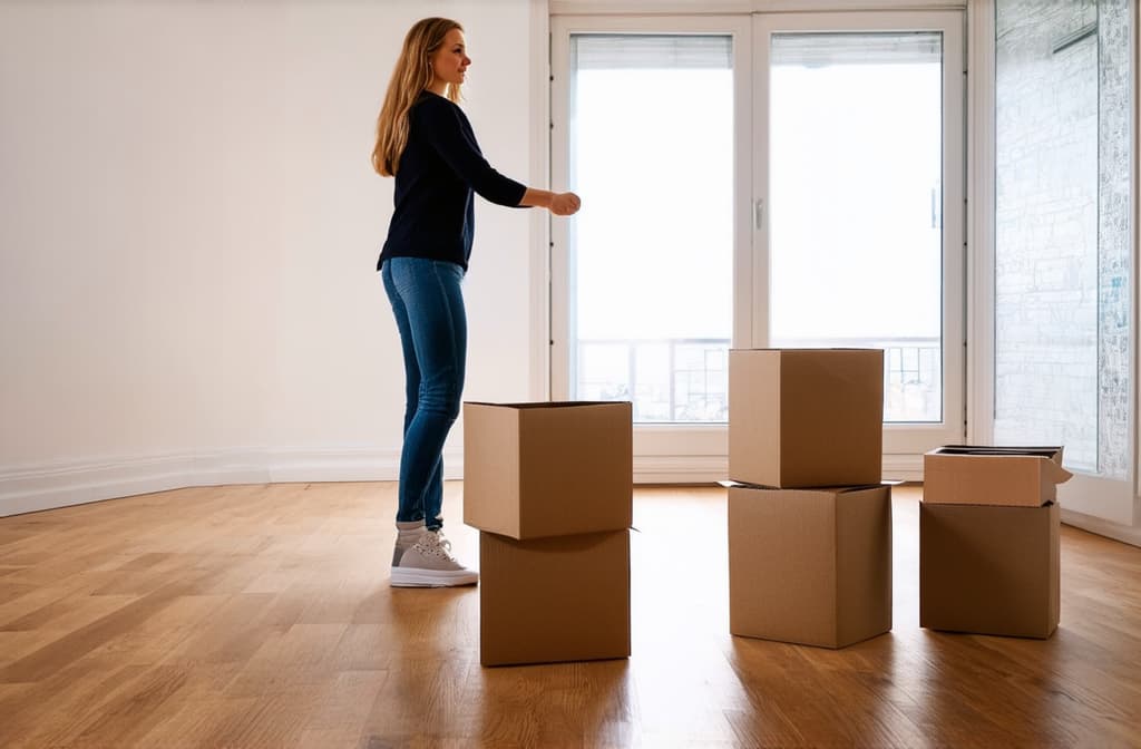  a woman stands in an empty apartment, paper boxes on the floor, moving. bright room ar 3:2 {prompt}, maximum details