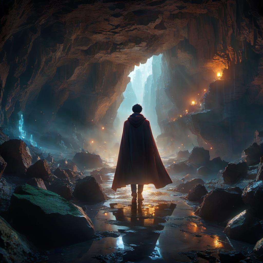  anime artwork man in a cloak in an underground stone cave . anime style, key visual, vibrant, studio anime, highly detailed, glowneon, hkmagic