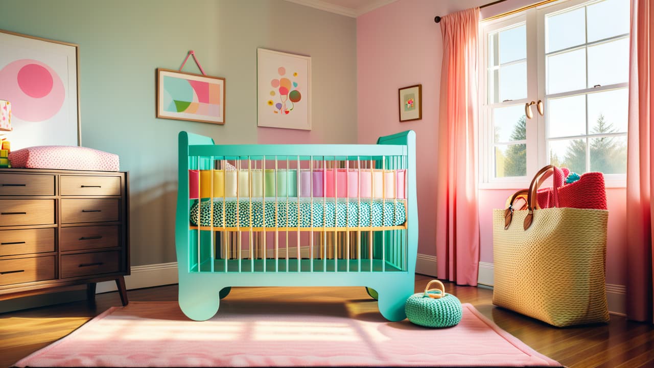  a cozy nursery scene featuring stylish baby gear: a modern crib with organic bedding, a trendy diaper bag, colorful toys, and a sleek stroller, all set against soft pastel colors and natural light streaming through the window. hyperrealistic, full body, detailed clothing, highly detailed, cinematic lighting, stunningly beautiful, intricate, sharp focus, f/1. 8, 85mm, (centered image composition), (professionally color graded), ((bright soft diffused light)), volumetric fog, trending on instagram, trending on tumblr, HDR 4K, 8K