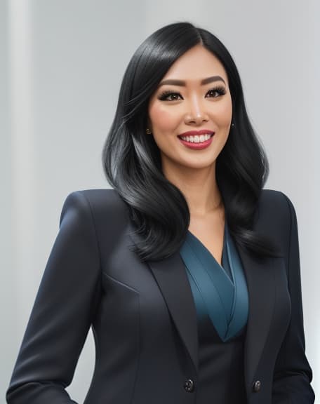  black hair and blue suit and blue jacket, with big smile! hyperrealistic, full body, detailed clothing, highly detailed, cinematic lighting, stunningly beautiful, intricate, sharp focus, f/1. 8, 85mm, (centered image composition), (professionally color graded), ((bright soft diffused light)), volumetric fog, trending on instagram, trending on tumblr, HDR 4K, 8K