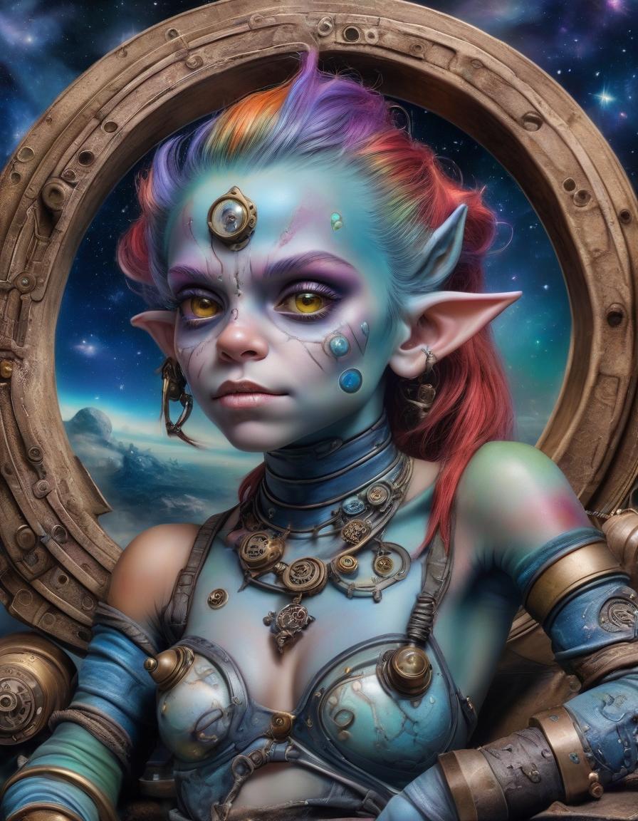  space themed an ultra realistic airbrushed image of an eccentrically beautiful young orc girl. in asitting position, she has pronounced multicolored hair, piercings, and a lot of steel steampunk jewelry. an orc town background . cosmic, celestial, stars, galaxies, nebulas, planets, science fiction, highly detailed