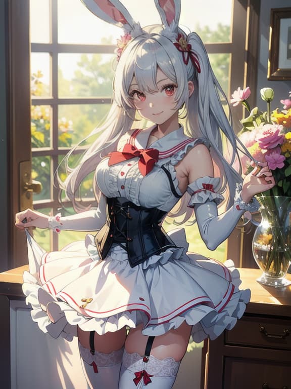  master piece, best quality, ultra detailed, highres, 4k.8k, a cute girl with white hair, red eyes, and bunny ears., posing in a cute way., smiling., break a cute girl in a sailor uniform and bunny ears enjoying a sunny day., a room with pastel colors and flowers., frills, garter belt, corset, and a miniskirt., break dappled sunlight and a blurry background with lens flare., sparkle, powder lights, and petals., mecha musume