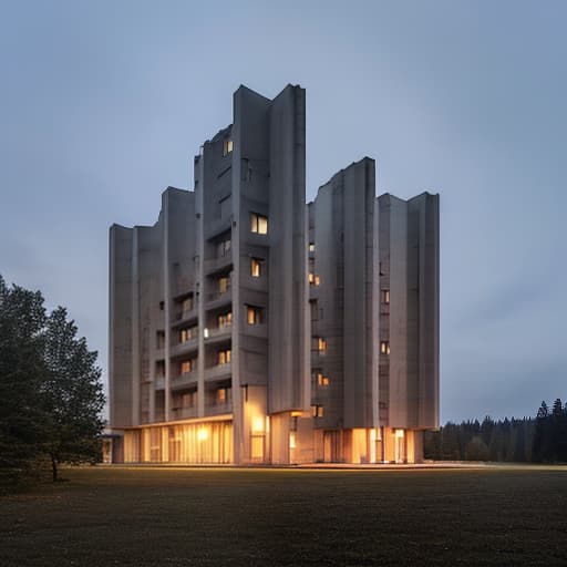 dvarchmodern a grey building of a soviet technical science research institution in the brutalism style of the 70s 80s, with dim lights in just a few windows, in a late evening summer forest with tall trees, photorealistic style