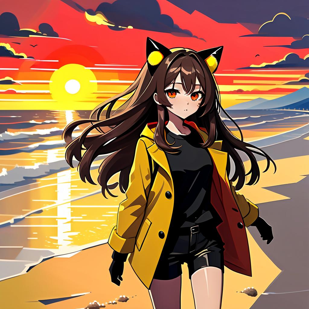  architectural style an anime girl with cat ears walks down the beach. she has long dark brown hair, which flies slightly in the breeze. her face, with pronounced jewish and slavic features, radiates lively energy. brown eyes are full of deep emotions, as if reflecting the vast expanses of the ocean. she wears a bright yellow coat, which seems to shine, catching the eye and contrasting with the soft shades of the sunset. under her coat she wears a black shirt and black shorts are decorated with yellow elements, creating a stylish and dynamic look. a bright red sunset turns into night, and the bright red rays of the sun fall on the terrain and contrast with the night darkness. . clean lines, geometric shapes, minimalist, modern, architectural