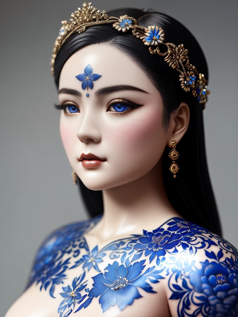  Close-up porcelain female figurine, looking to the camera, glossy surface, glaze, shiny, blue floral tattoos on her, dark gradient background, baroque dark style, hyperrealistic, CG society, intricate details