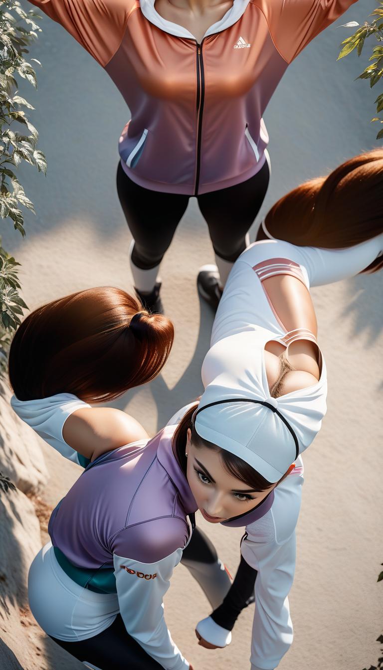  cinematic photo two girls in sports clothes. . 35mm photograph, film, bokeh, professional, 4k, highly detailed, perfecteyes hyperrealistic, full body, detailed clothing, highly detailed, cinematic lighting, stunningly beautiful, intricate, sharp focus, f/1. 8, 85mm, (centered image composition), (professionally color graded), ((bright soft diffused light)), volumetric fog, trending on instagram, trending on tumblr, HDR 4K, 8K