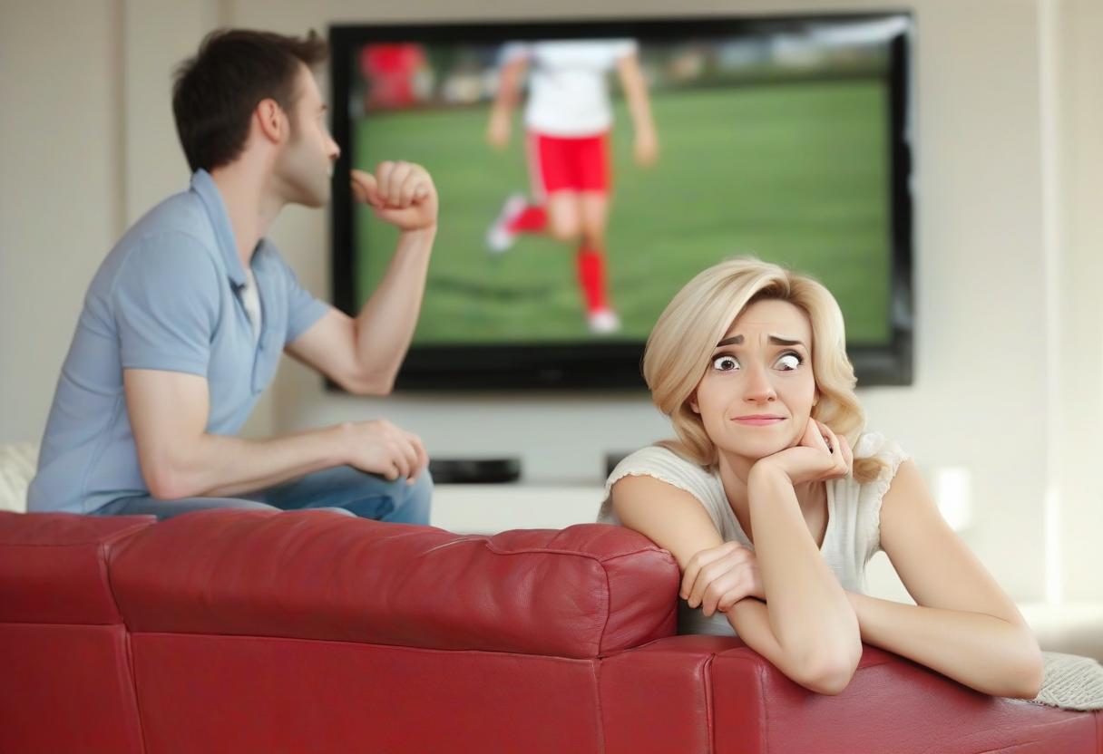  happy man looks right on tv and sad woman, they are on the sofa, white background at sunny noon