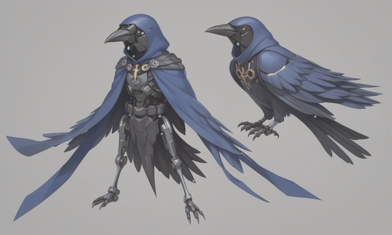  robotic human crow, human complication, crow's head, made in dark blue and black, it has a cape with a hood, on the belt there is a pair of three kunai