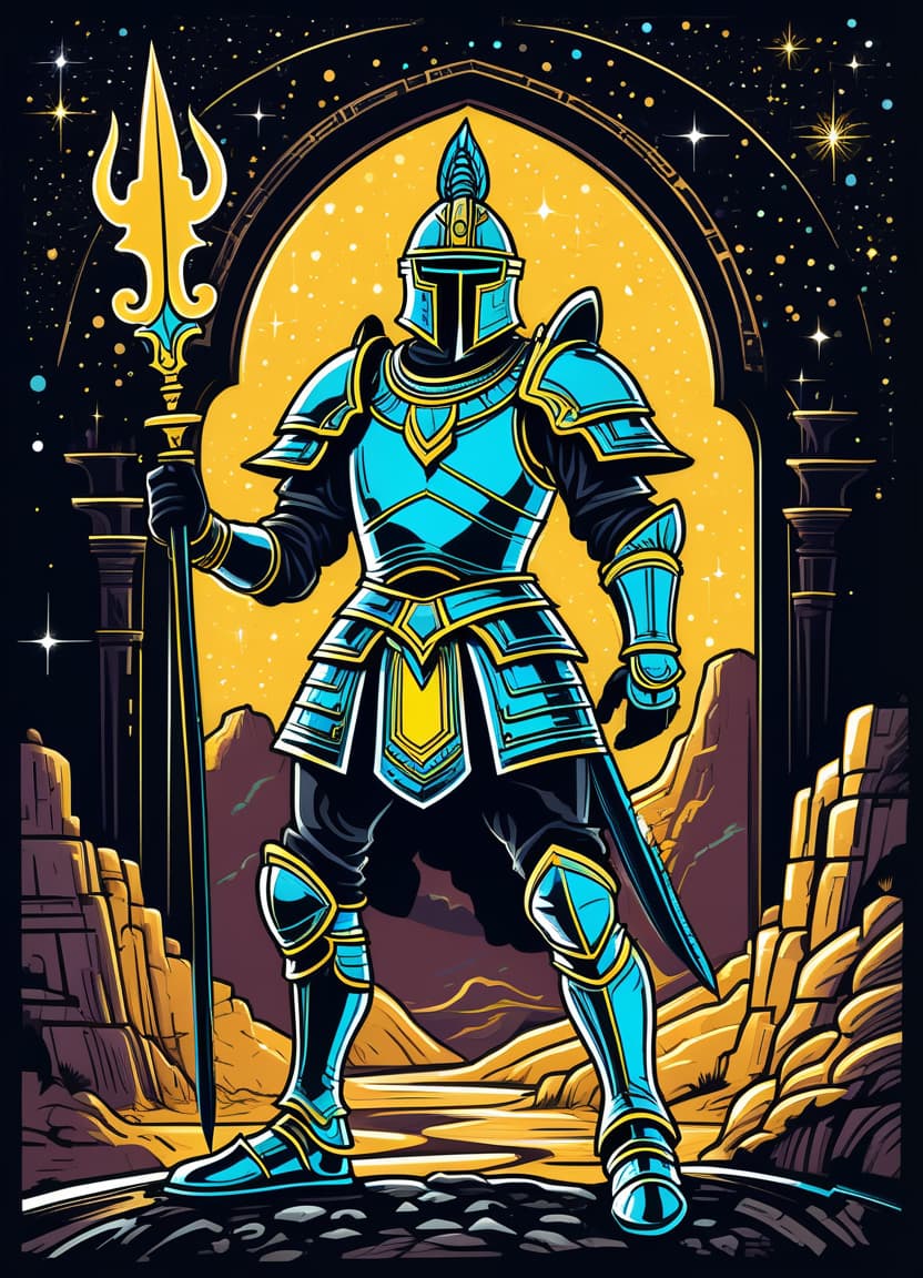  a humorous illustration. bright colors, cartoon style. on the black background, shiny contours outlines of silhouette of a scythian man in armor, in full length, against the backdrop of an earthen and stone fortress, frame with intricate thin ornamentation from comet, stars and cosmic dust: (thin: 1,4) lines ,