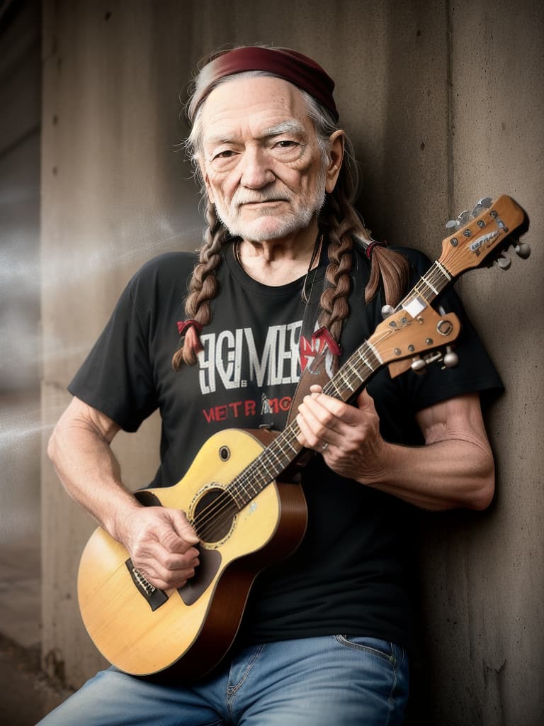  Singer Willie Nelson, medium shot, upper body, spotlight, long exposure lighting, street art style spray paint, glamour lighting