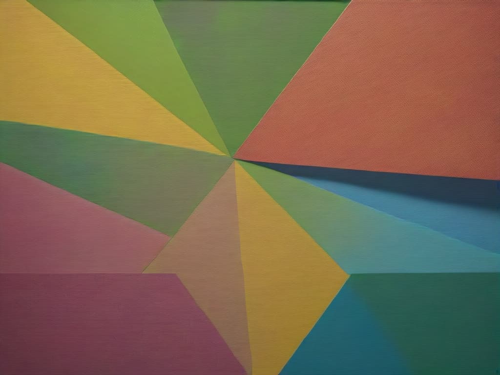  modern, abstract art piece featuring a combination of vertical lines and geometric shapes. the layout includes a series of vertical, multicolored lines that create a sense of depth and texture. the background consists of a gradient of green and yellow hues, resembling a field, with white spherical shapes distributed throughout, adding a three dimensional effect. in the foreground, there are pink and blue triangular forms that appear to be rising from the bottom, contributing to the layered composition. the overall style is contemporary and visually dynamic, with a focus on color contrast and spatial arrangement.