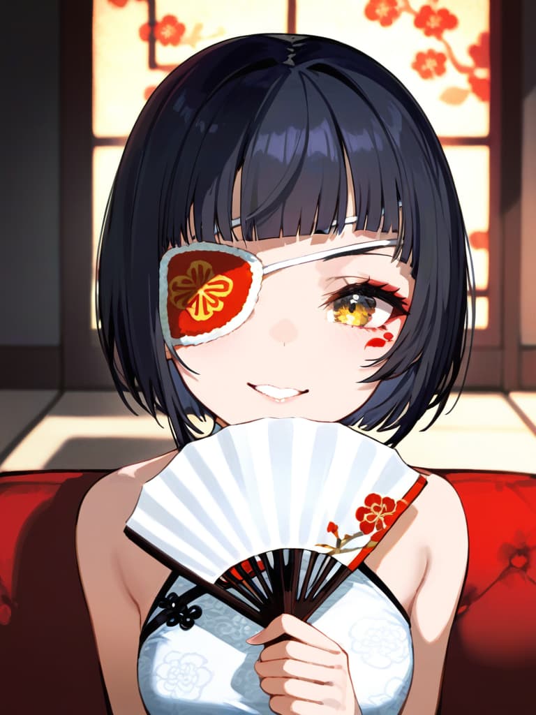  ultra detailed:1.2,masterpiece:1.2,best quality,masterpiece,bestquality,hdr:1.1,8k:1.1,very cute girl:1.3,(black hair,bob cut,long hair,blunt bangs:1.4),((white china dress,japonica pattern:1.5)),(chinaese makeup:1.6),((redrose object eyepatch:1.6))(seductive smile,grin:1.1),(sitting couch:1.3)((cross legs:1.3)),(head rest:1.3),(holding open handfan:1.7)(upper body,face focus:1.4)