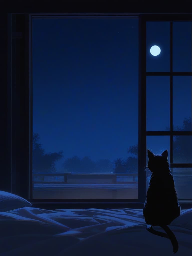  1cat,small cat ,japanese cat ,（（bed in dark room）），crescent moon on the window，sit on the bed ，look at the window ，view from the room to the window ，midnight,