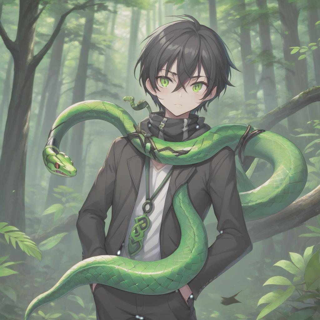  anime artwork anime man with a green snake around his neck with snake eyes, the main colors are black and green, in the forest . anime style, key visual, vibrant, studio anime, highly detailed, sticker