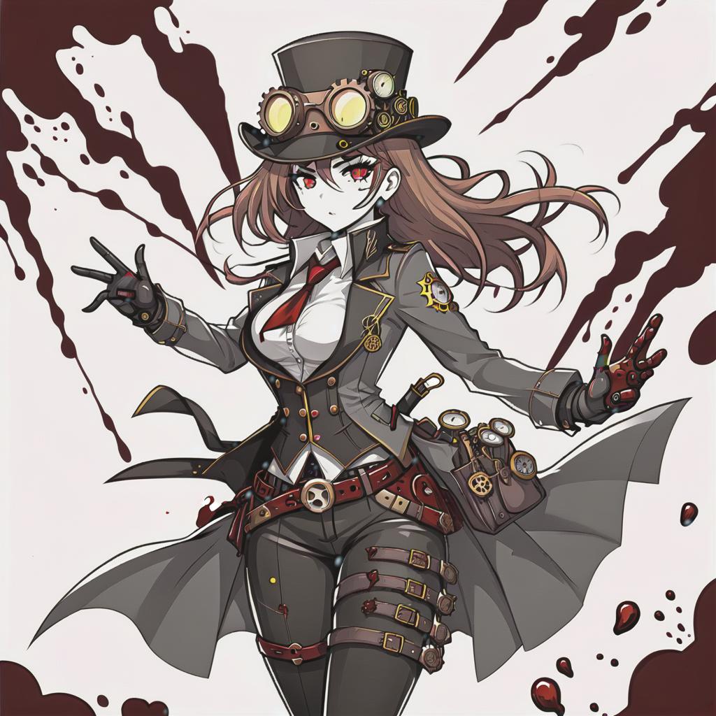  line art drawing steampunk girl with pockets, battle pose blood everywhere, same nightmare. anime style . professional, sleek, modern, minimalist, graphic, line art, vector graphics