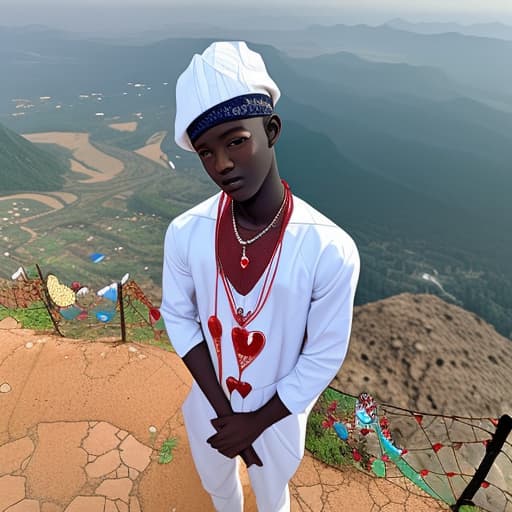  A Ghanaian boy standing beside a clean decorated human heart on top of a mountain