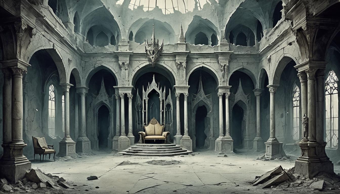  on parchment, surrealism+++, an empty throne room, cold stone, cobwebs in corners, royal banners torn and tattered, desolate, abandoned, eerie(mysterious, provocative, symbolic,muted color)+++