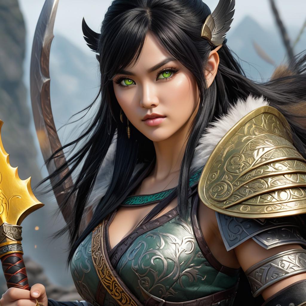  beautiful yuan ti pureblood female barbarian with black hair, yellowish skin and green eyes wielding a magical greataxe. photo realistic, highly intricate and detailed, masterpiece, ultra high res,photography,8k resolution