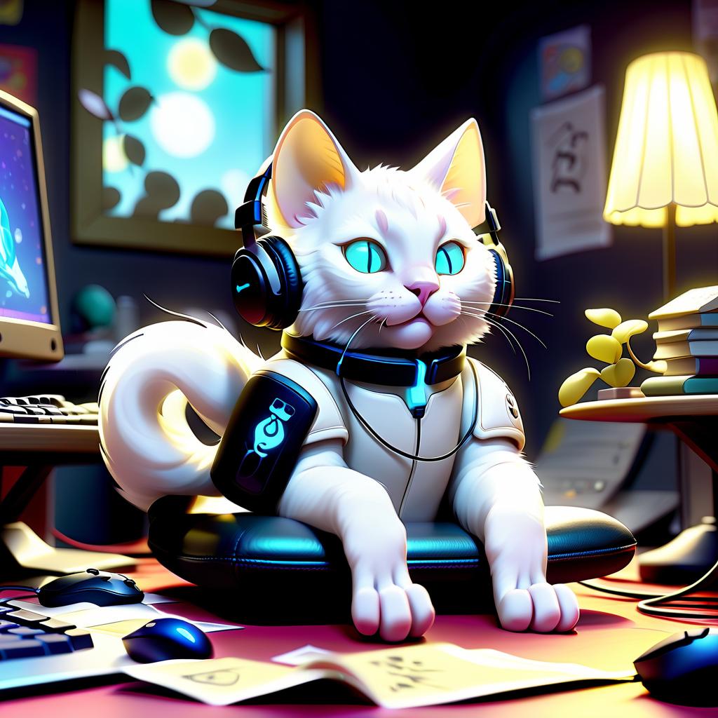  ethereal fantasy concept art of a fluffy white cat gamer stretched out sits on a cool leather computer chair at a table and drives a computer mouse on the mat with his paw. he's wearing big headphones with ears that glow. he plays a difficult game, so he is very involved. on the walls hang posters from anime, leaves with different notes, garlands and neon tape under the ceiling, in the corner of the room there is a ficus. on the floor on the carpet lies a toy mouse, pieces of dry food in the form of fish and empty glass bottles of milk. it's night out, so it's dark in the room. . magnificent, celestial, ethereal, painterly, epic, majestic, magical, fantasy art, cover art, dreamy