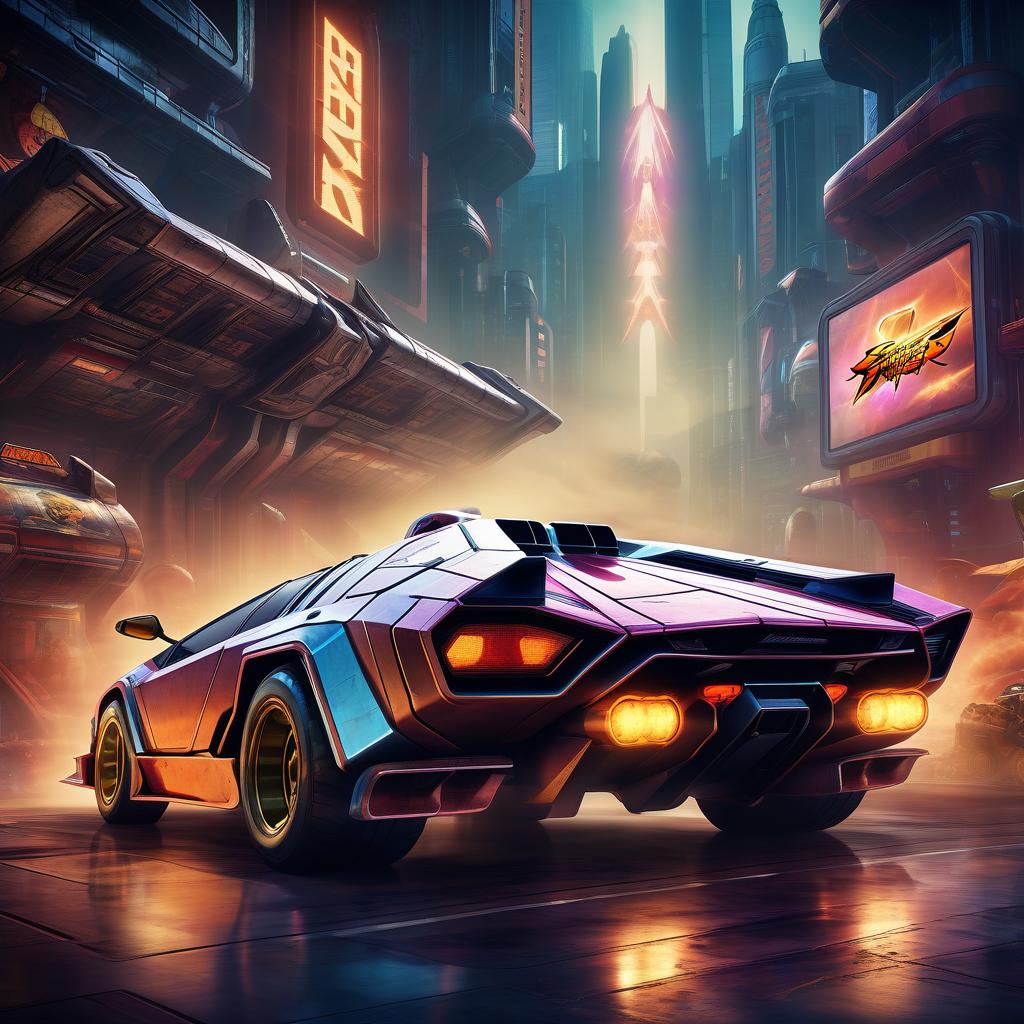  street fighter style retro futurism, steam punk and diesel, a star shuttle that looks like a lamborghini countach. . vibrant, dynamic, arcade, 2d fighting game, highly detailed, reminiscent of street fighter series