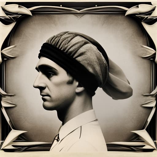  photo of a man in the style of the 1920s, standing with his back to the frame, with a visor (headdress), (surrealism), dreamlike , distorted , abstract , symbolic