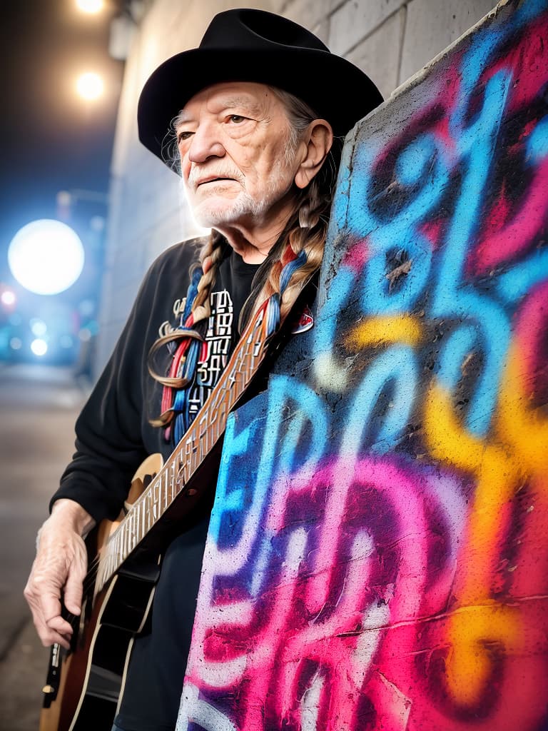  Singer Willie Nelson, medium shot, upper body, spotlight, long exposure lighting, street art style spray paint, glamour lighting