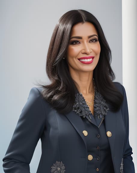  black hair, carine marques da silva wears a descent very very light sky blue jacket and sky blue suit. she gives us a big smile! turn her 180 degree towards left, please! hyperrealistic, full body, detailed clothing, highly detailed, cinematic lighting, stunningly beautiful, intricate, sharp focus, f/1. 8, 85mm, (centered image composition), (professionally color graded), ((bright soft diffused light)), volumetric fog, trending on instagram, trending on tumblr, HDR 4K, 8K