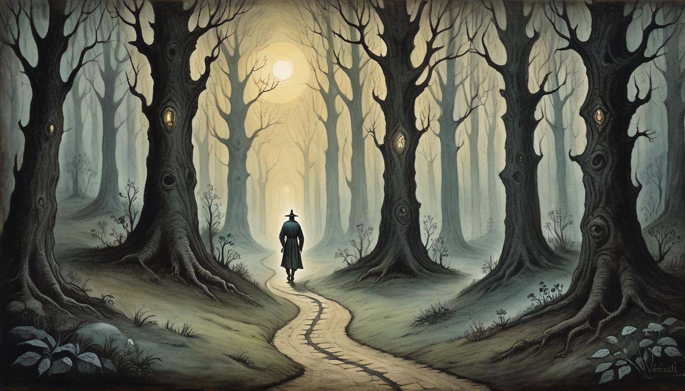  on parchment, surrealism+++, a figure walking a narrow, illuminated path, dark woods flanking, determined stride, hints of light piercing through, guided, purposeful(mysterious, provocative, symbolic,muted color)+++