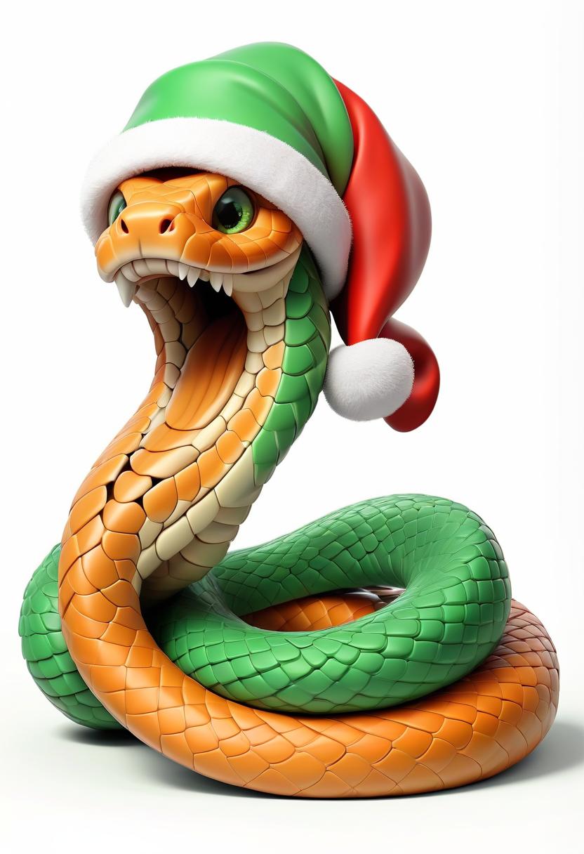  sweet kind cartoon character in the form of a curled snake of green color with detailed scaly skin, 3d in full growth on a white background in a santa cap