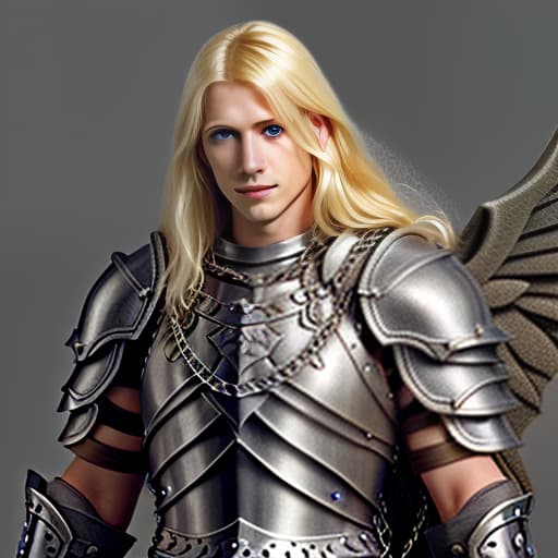  male paladin with blond long hair from dnd in chain mail with wings, sword and shield, in chain mail