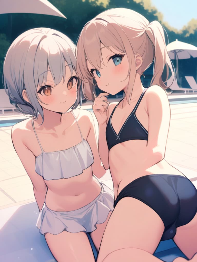  women's elementary students, twin tails, rich smiles, cute smiles, navy blue swimwear, old swimwear, swimwear, simple, male, shaped clear , shaped clear, clear stem, shaped crisp, male bulge,, front. the whole body, pool side,