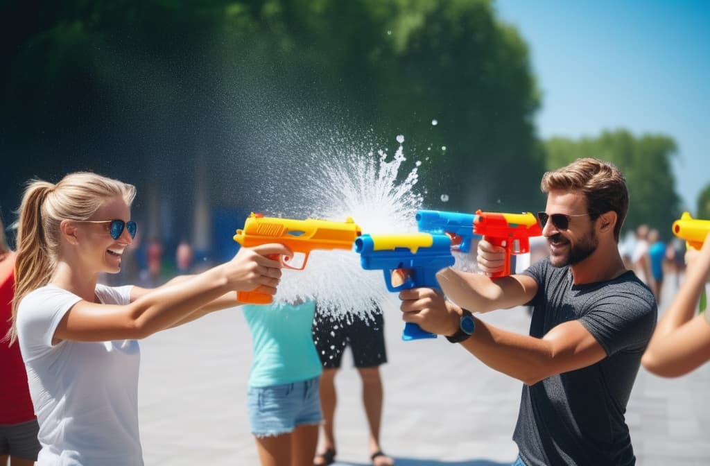  people with water pistols. summer day. splashes of water ar 3:2 high quality, detailed intricate insanely detailed, flattering light, RAW photo, photography, photorealistic, ultra detailed, depth of field, 8k resolution , detailed background, f1.4, sharpened focus
