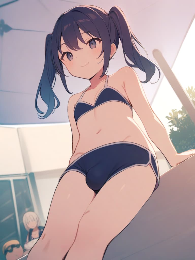  women's elementary students (male), twin tails, cute smiles, (rich s), short stature, dark blue swimwear, old swimwear, swimwear, simple, (upward), upward, (bulge), front, whole body, pool side ,,,