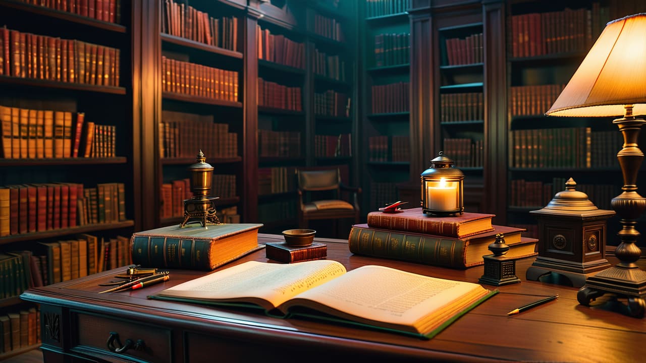  a vintage writing desk cluttered with parchment, quills, and ink pots, set against a backdrop of a dimly lit library filled with ancient books and historical artifacts, evoking a sense of timeless storytelling. hyperrealistic, full body, detailed clothing, highly detailed, cinematic lighting, stunningly beautiful, intricate, sharp focus, f/1. 8, 85mm, (centered image composition), (professionally color graded), ((bright soft diffused light)), volumetric fog, trending on instagram, trending on tumblr, HDR 4K, 8K