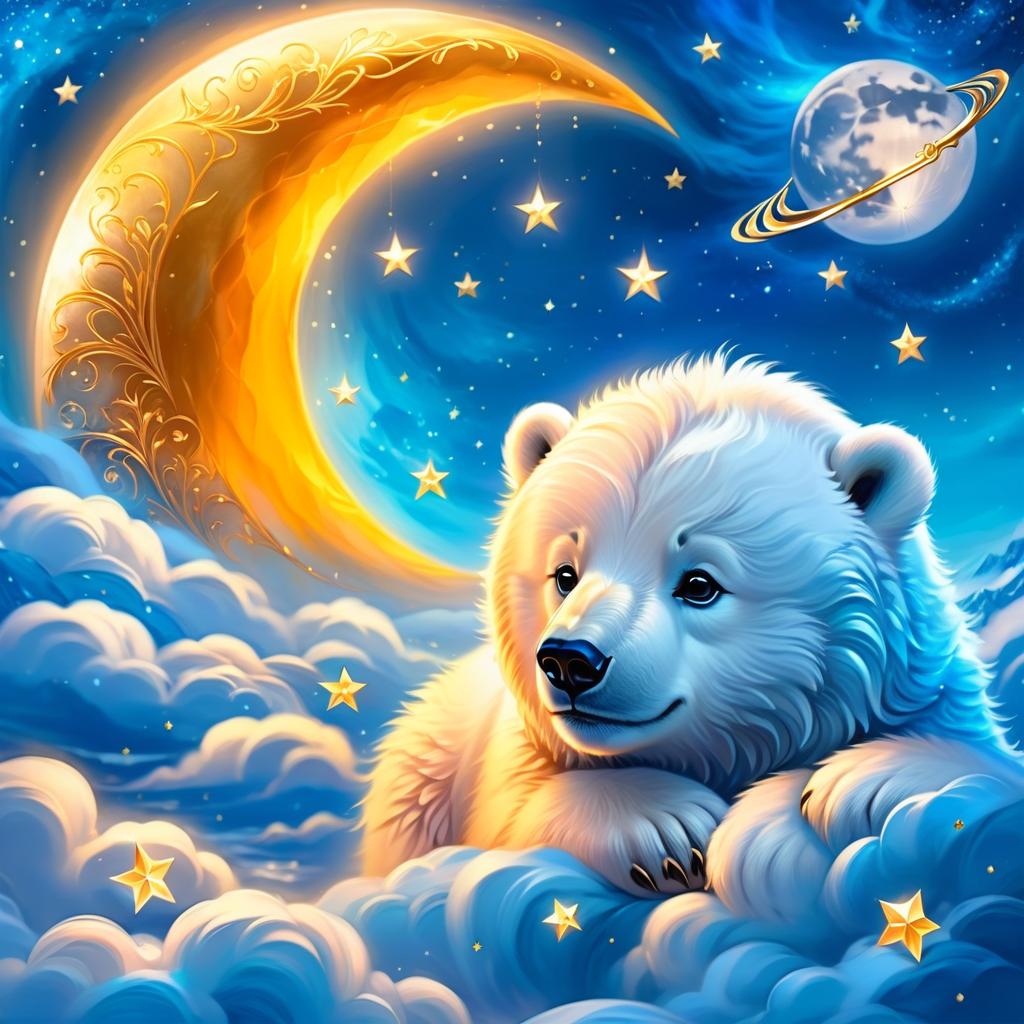  ethereal fantasy concept art of your neighbours are asleep the polar bears, sleep fast, too, little one. the clouds are breaking and the moon like a fish # and the moon like a fish and above it, glittering, like a pack of ice (style):fantasy, fairy tale, dream, magic, clouds, softness, polar lights, (colours):white, soft blue, dark blue, golden, rose gold, bluish silver. . magnificent, celestial, ethereal, painterly, epic, majestic, magical, fantasy art, cover art, dreamy