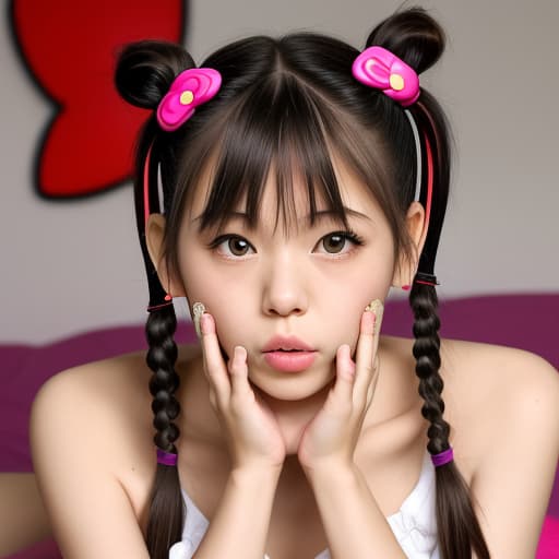  (--Style Photoralism) woman laying in with her crossed and her hand on her mouth, , suki, ing out, pigtail, , bun, pigtails, tight bun, colorful pigtail, v, hot , open, short horns, hello kitty, inviting, cd, with black pigtails, wide open mouth, lips