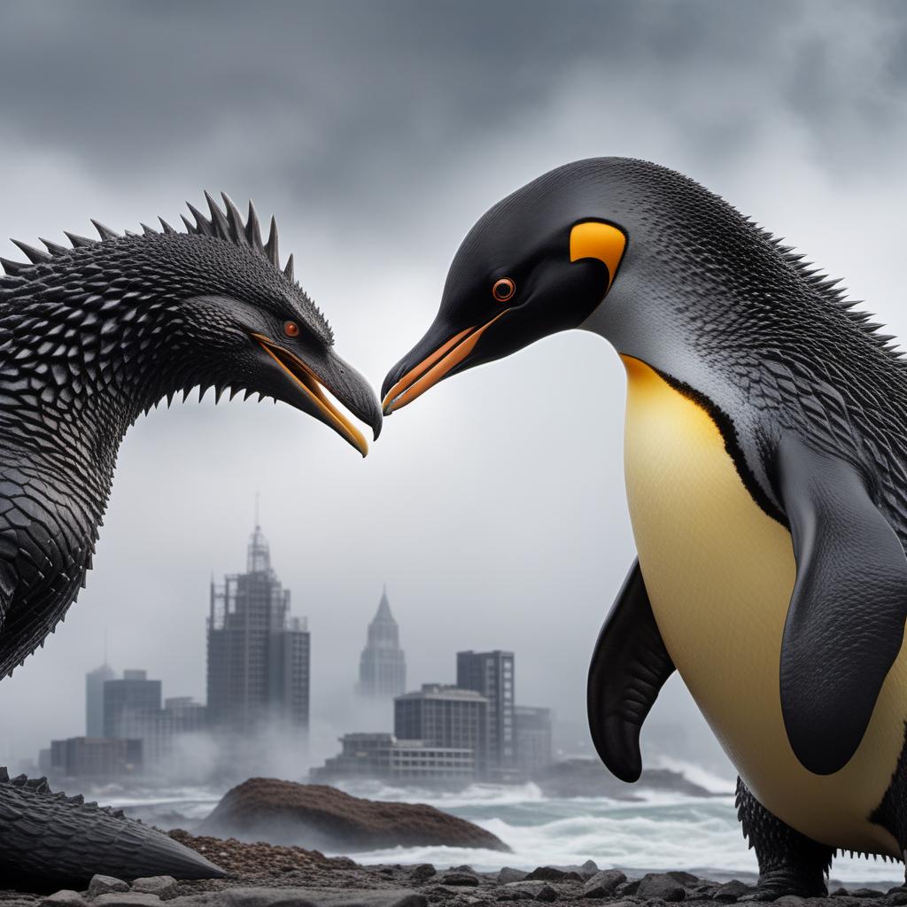  Godzilla fighting a GIANT king penguin. Godzilla has all its distinctive features: massive, towering size, dark gray scaly texture, jagged dorsal spines, powerful tail, sharp teeth, and a menacing aura. The GIANT king penguin should be equally formidable, much larger than a typical penguin, with a muscular build, sharp beak, and fierce look. The setting can be a cityscape with destroyed buildings around, emphasizing the chaos of the battle. hyperrealistic, full body, detailed clothing, highly detailed, cinematic lighting, stunningly beautiful, intricate, sharp focus, f/1. 8, 85mm, (centered image composition), (professionally color graded), ((bright soft diffused light)), volumetric fog, trending on instagram, trending on tumblr, HDR 4K, 8K