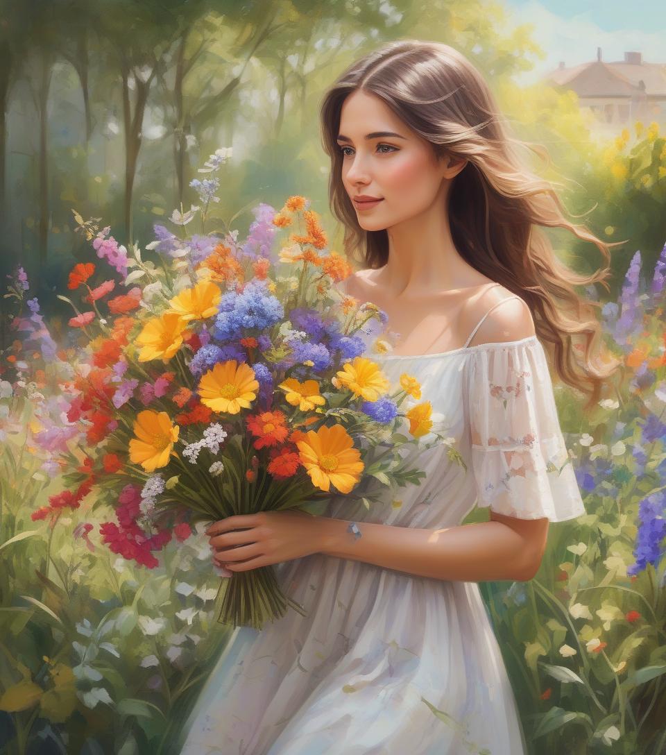  concept art garden wonders, beautiful woman holding a bouquet of wild flowers to her face, detailed summer garden background, wearing a summer dress, perfect face, delicate face, vivid colors, happiness, oil painting, expressive brushwork, highly detailed, delicate details . digital artwork, illustrative, painterly, matte painting, highly detailed