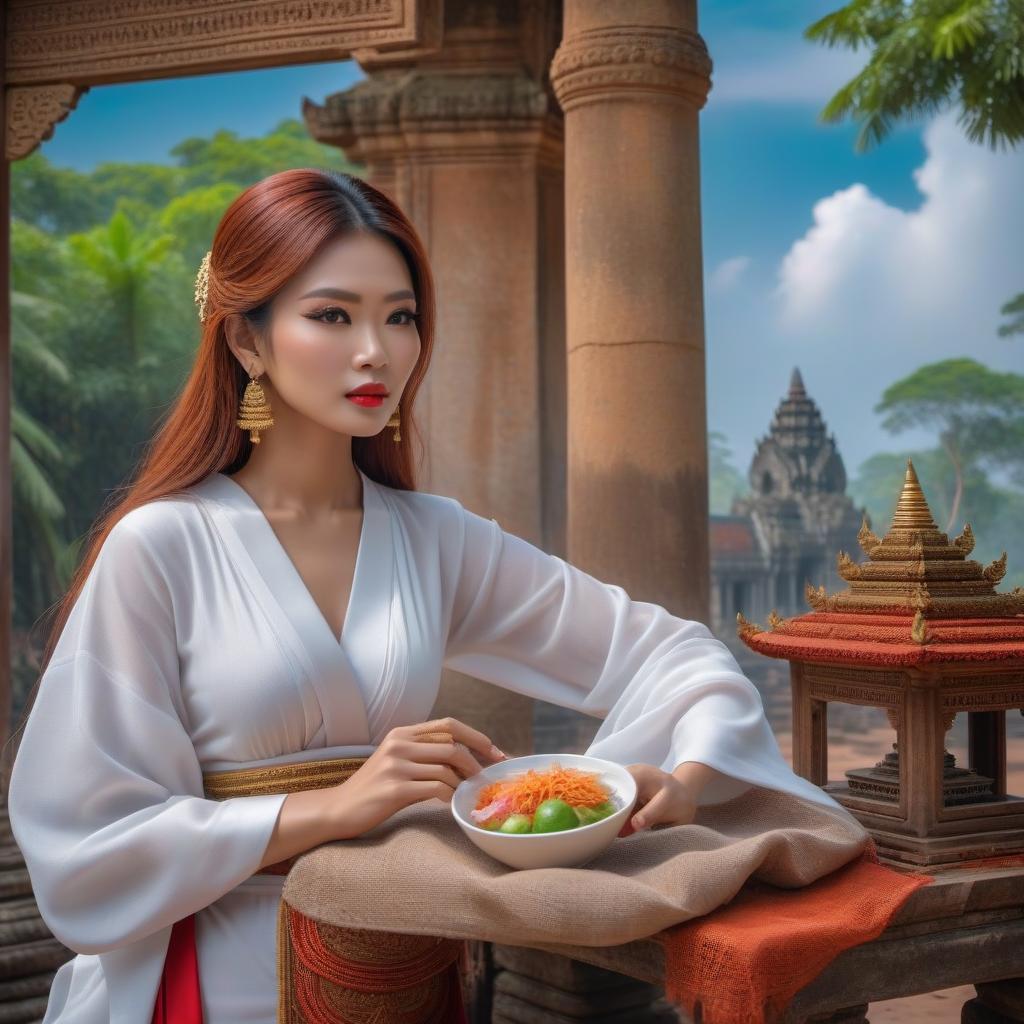  Cambodia hyperrealistic, full body, detailed clothing, highly detailed, cinematic lighting, stunningly beautiful, intricate, sharp focus, f/1. 8, 85mm, (centered image composition), (professionally color graded), ((bright soft diffused light)), volumetric fog, trending on instagram, trending on tumblr, HDR 4K, 8K